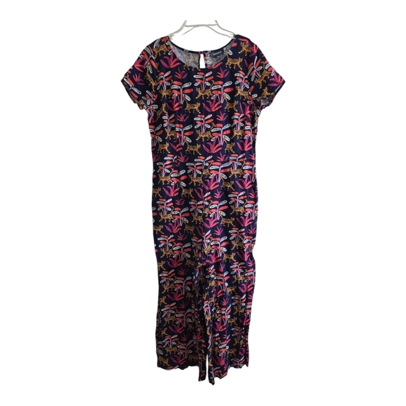Modcloth Jungle Tiger Navy Wide Leg Jumpsuit Large Cropped Leg Short Sleeve - Picture 1 of 9
